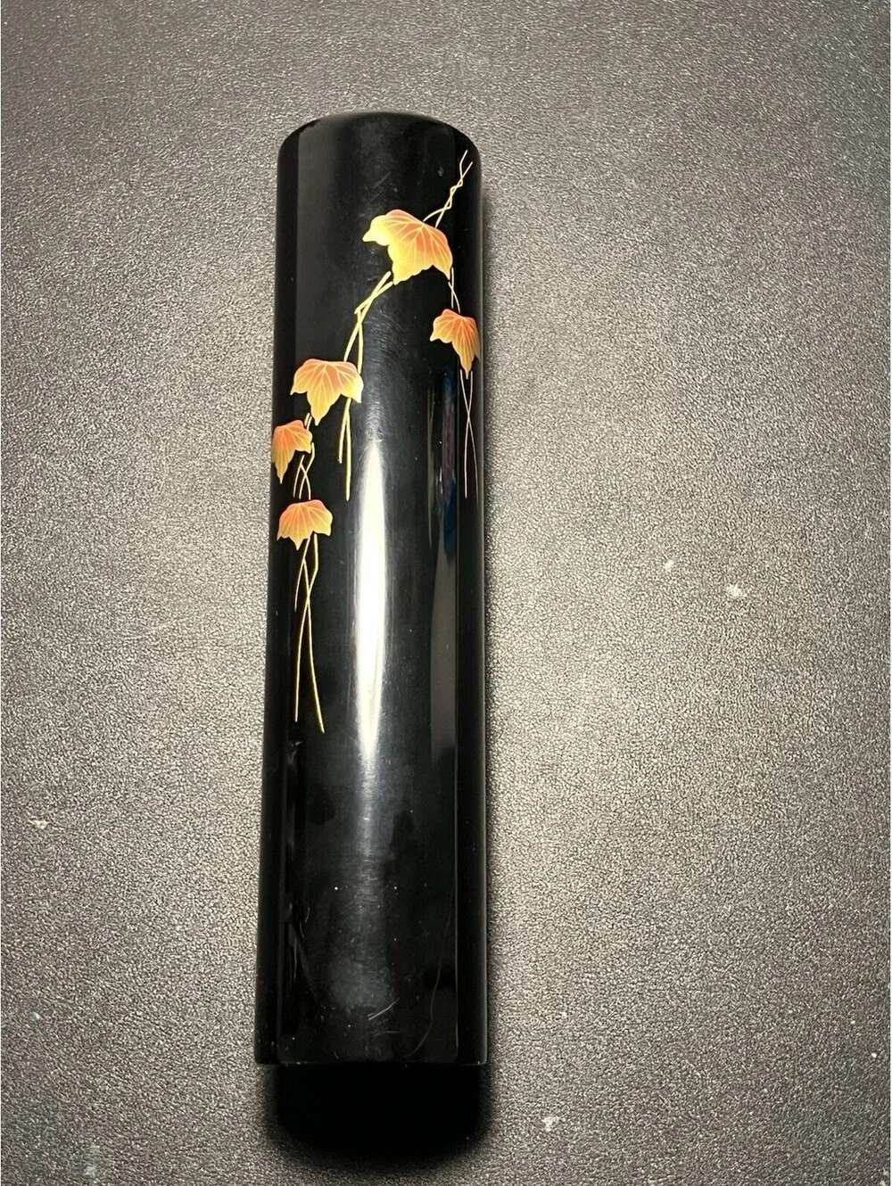 Wajima Nuri Oke 1970s Urushi Lacquer Ikebana Vase Autumn Maple Maki-e, 2.5x10”